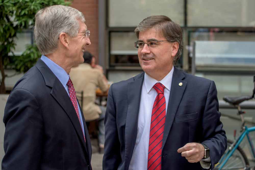 University of Notre Dame Provost Thomas Burish meets with his counterpart Provost Guillermo Marshall Rivera of Pontificia Universidad Catolica de Chile on the Casa Central Campus in Santiago, Chile. Notre Dame and PUC leaders held a number of meetings about current collaboration and future cooperation on everything from student and faculty exchanges to combined research.