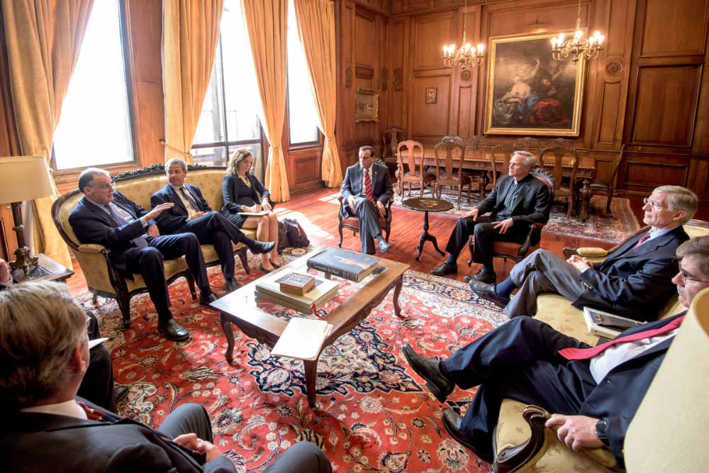 University of Notre Dame President Rev. John I. Jenkins, C.S.C., Dr. Ignacio Sanchez, President of Pontificia Universidad Catolica de Chile and other leaders from Notre Dame and PUC meet in Dr. Sanchez’s office. Notre Dame and PUC leaders held a number of meetings about current collaboration and future cooperation on everything from student and faculty exchanges to combined research.