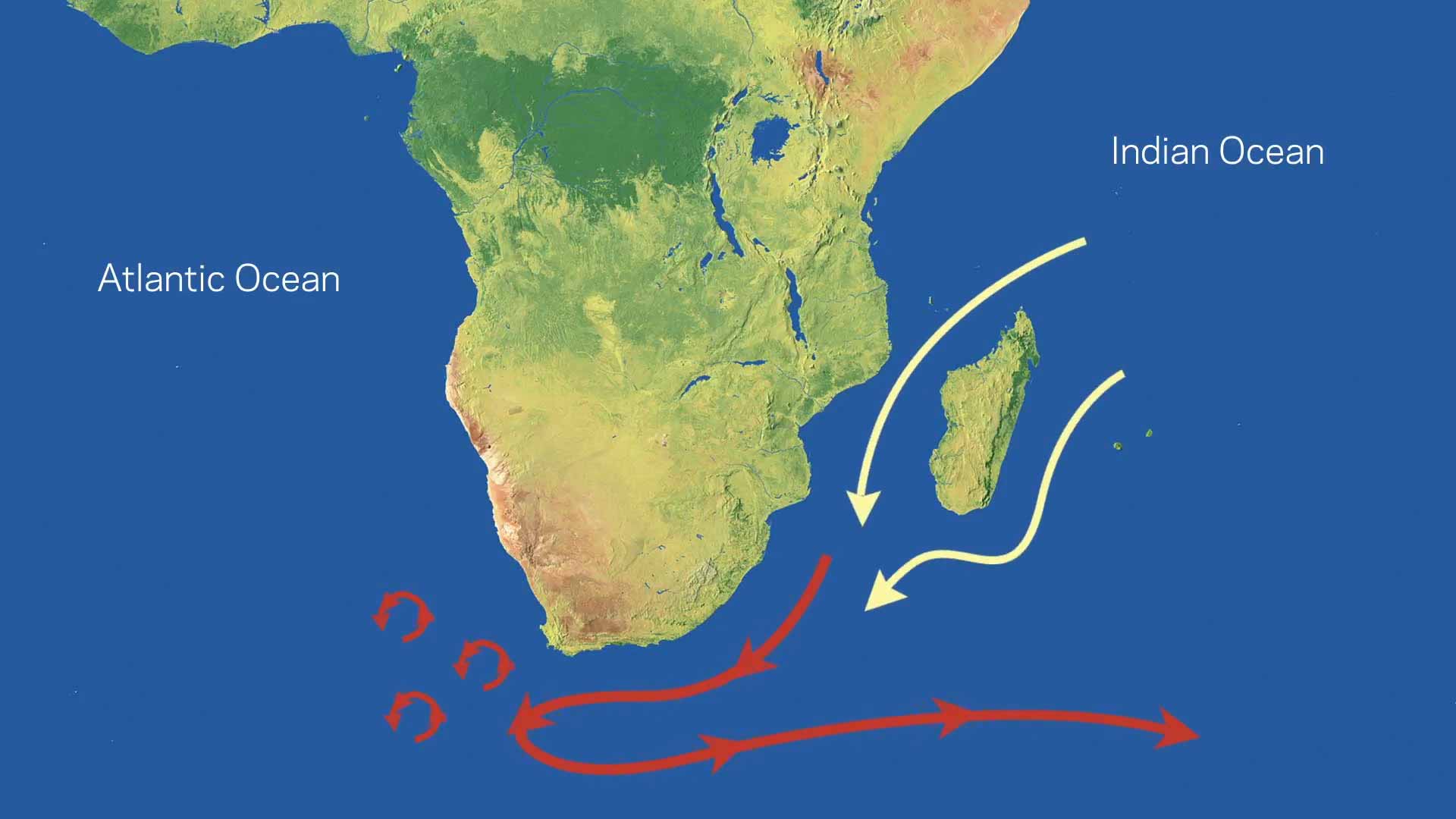 Animated arrows showing the Agulhas currents.