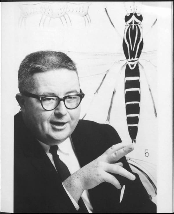 Black and white photo of George Craig with an illustration of a mosquito.