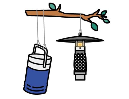 Illustration of a blue thermos hanging from a branch, alongside a mesh trap with a light.