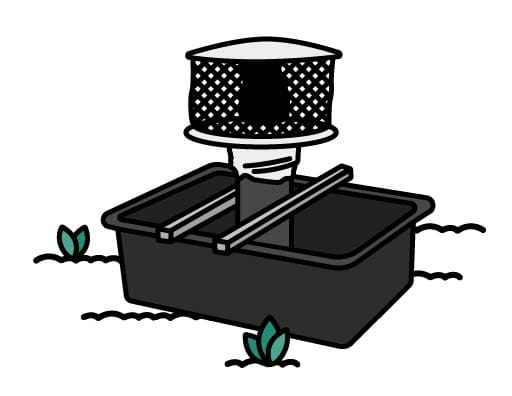 Illustration of a black container with round mesh trap sitting on top.