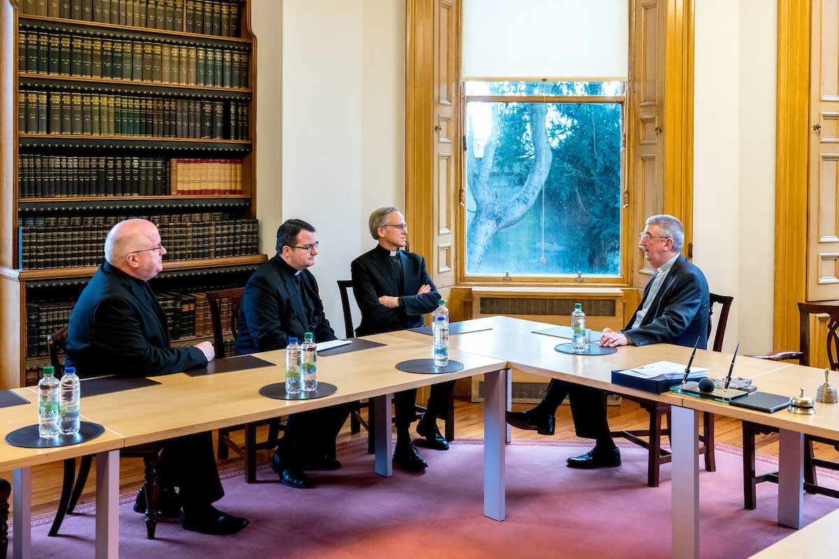 From left to right: University of Notre Dame Vice President of Mission Engagement and Church Affairs Rev. William Lies, C.S.C., Rev. William Dailey, C.S.C., director of the Notre Dame-Newman Centre for Faith and Reason, and Notre Dame president Rev. John I. Jenkins, C.S.C. meet with Most Reverend Diarmuid Martin, Archbishop of Dublin, at the Archbishop's residence.