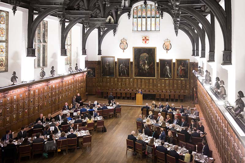 An overhead view of Middle Temple Hall with tables filled with guests.