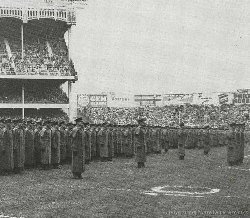 West Point cadets lined up in ranks on the field in Yankee Stadium.
