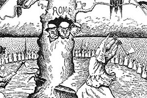 A cartoon with KKK members using an ax against a tree labeled Rome.