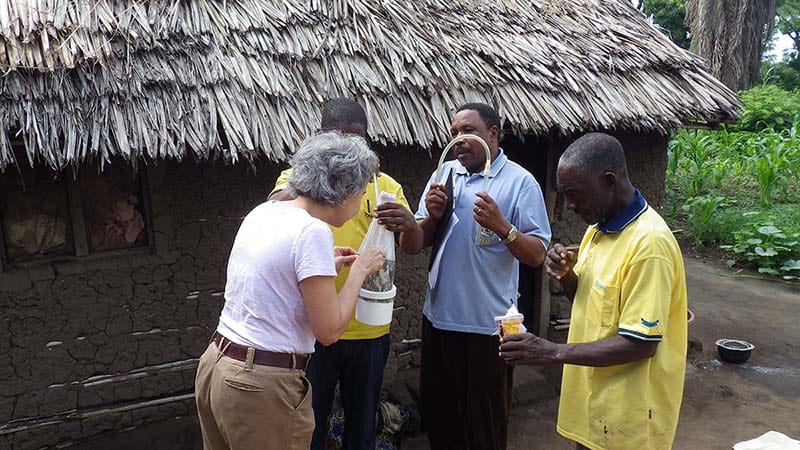 Marie Lynn Miranda works with three men on malaria testing equipment.