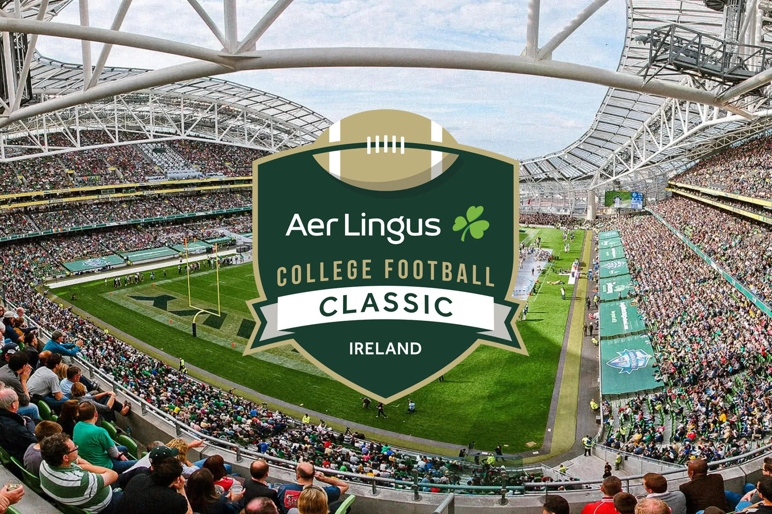 A green shield logo with the words Aer Lingus College Football Classic Ireland in the middle, and a gold football at the top. 