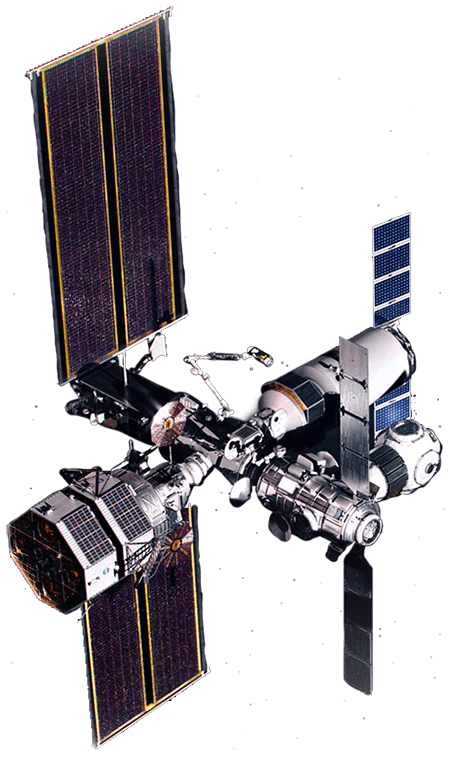 The Gateway in lunar orbit surrounded by stars, the moon is in the distance.