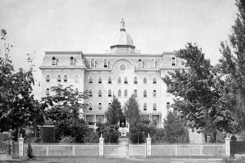 A black and white image of the Main Building from 1888, after it was rebuilt due to the fire.