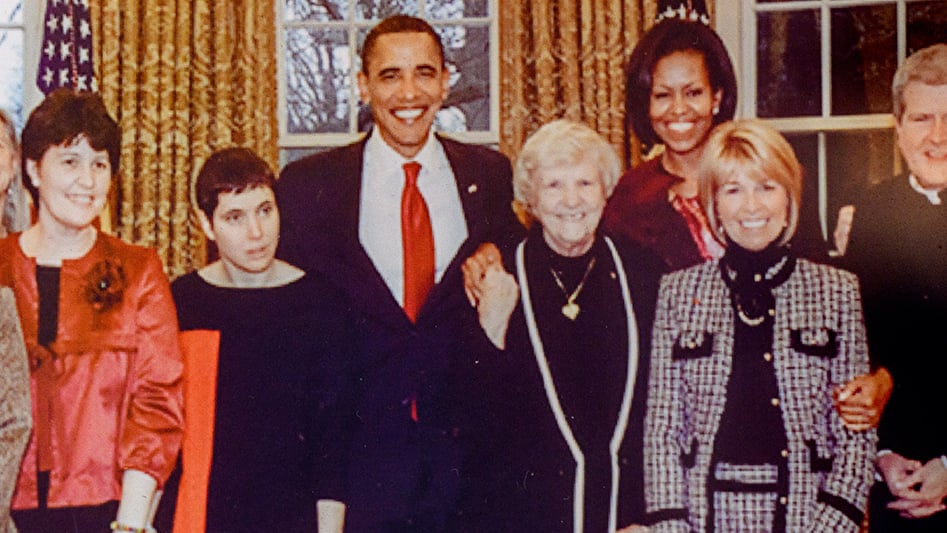 Sister Rosemary Connelly in the Oval Office with President Barack Obama and Michelle Obama