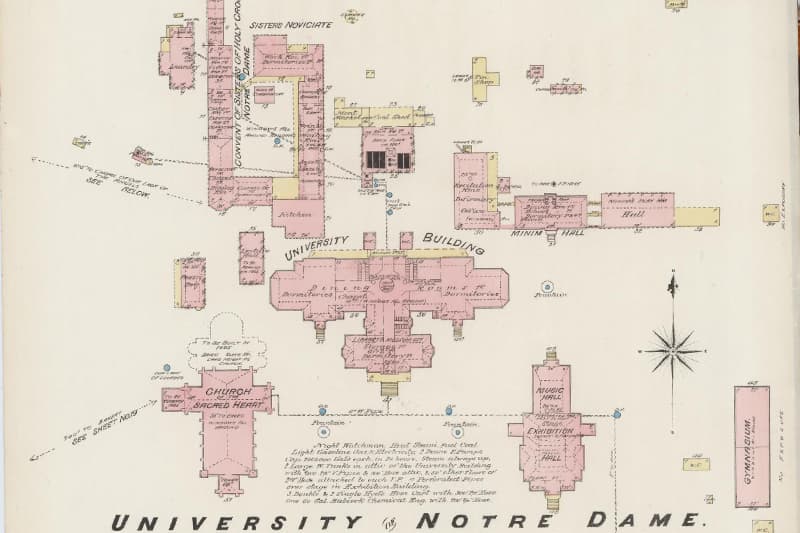 A map of the University's main building from 1885 shows the left and right wings as dormitories. It also shows the building to the left as the Convent of Sisters of Holy Cross. Later the building labeled Printing and Mailing will be renamed to Brownson Hall.
