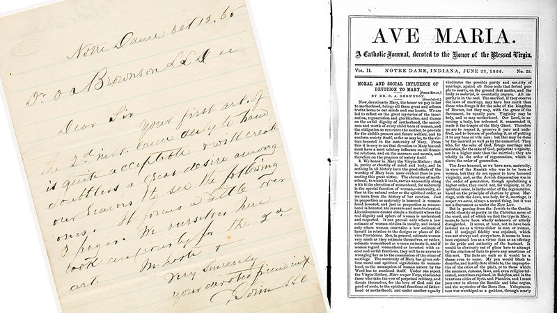 A handwritten letter from Father Edward Sorin to Orestes Brownson is on the left and a scanned image of an essay written by Brownson for the Ave Maria is on the right.