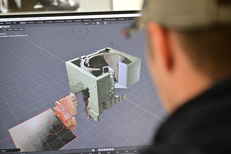 Jack Harrington working with a 3D model on a computer screen.
