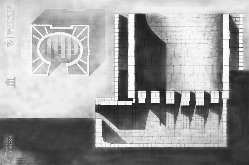 A cutaway drawing of the furnace in grayscale.