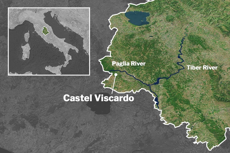 Map of Umbrian region of Italy showing the Paglia and Tiber Rivers in relation to Castel Viscardo