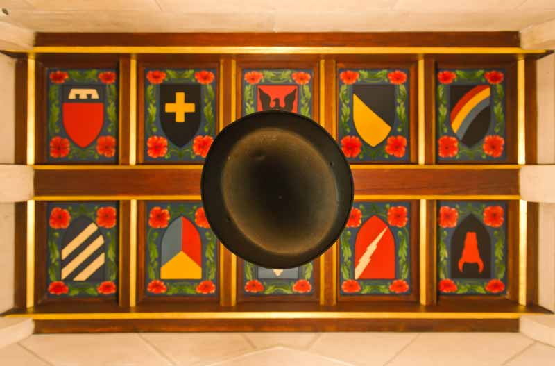 WWI doughboy helmet of former Notre Dame President Rev. Charles O’Donnell, C.S.C. in the vestibule of the east door of the Basilica of the Sacred Heart.