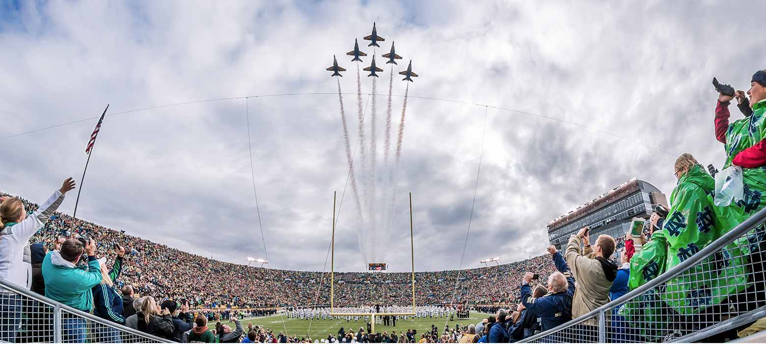 The Blue Angels fly over Notre Dame Stadium before the Navy game.