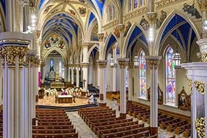 Inside the Basilica, with purple decor for Easter.