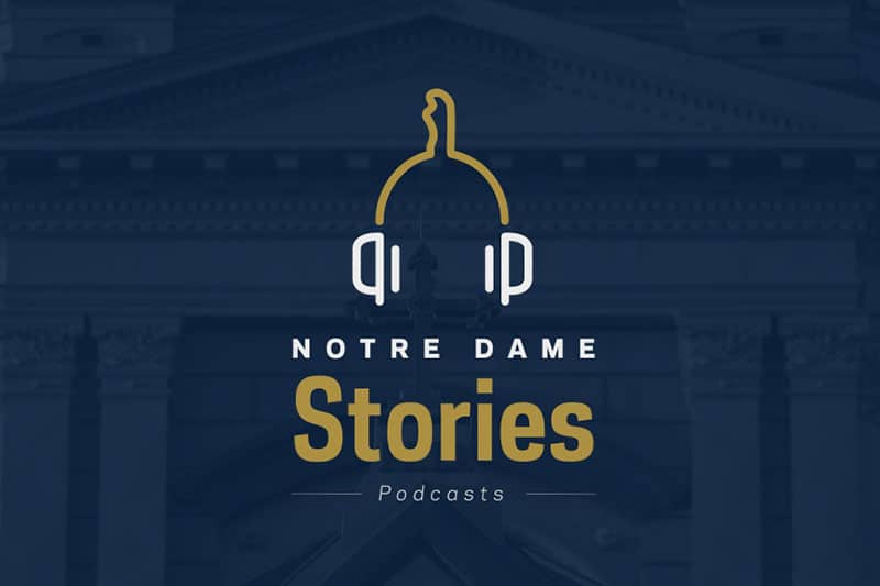 Notre Dame Stories Podcasts logo, with outline of Main Building Dome merged with microphone.