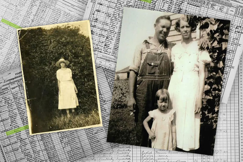 Two sepia tone photos in front of an image of an old census sheet.