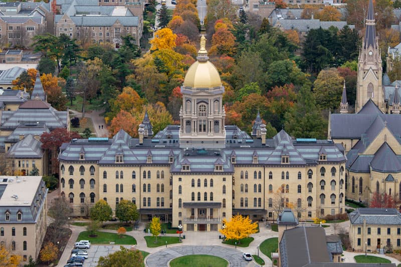An aerial photo of the Main Building and Basilica of the Sacred Heart looking south, Autumn 2023.