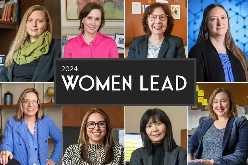 A grid image of eight women with the words women lead in the center
