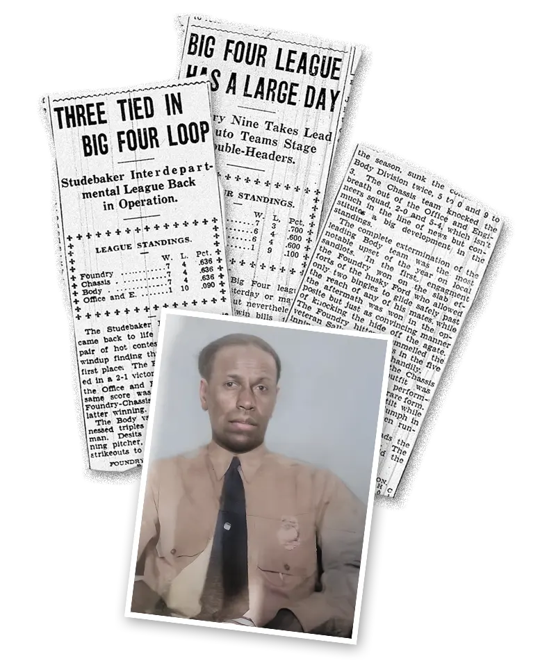 Newspaper clippings showing team success. Also a retouched photo of Alonzo Poindexter as deputy sherrif.