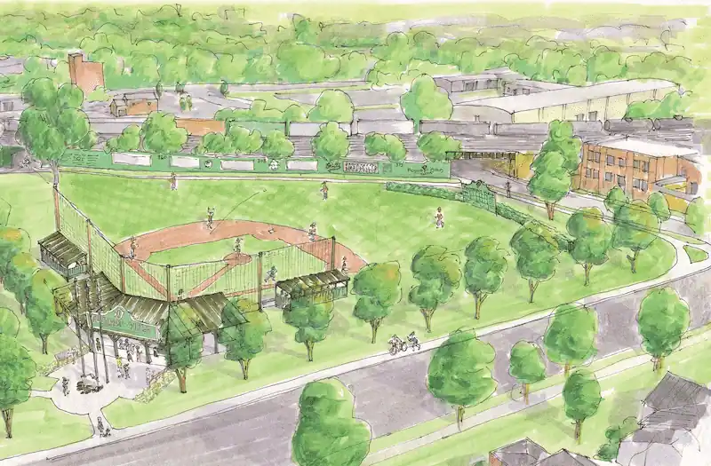 Watercolor rendering of proposed baseball park.