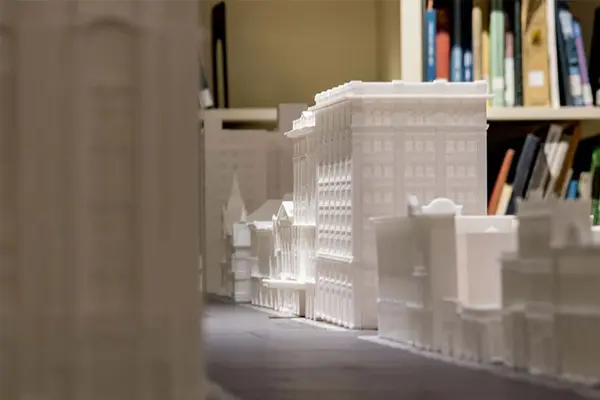 A close-up of the 3-D printed model of historical downtown South Bend