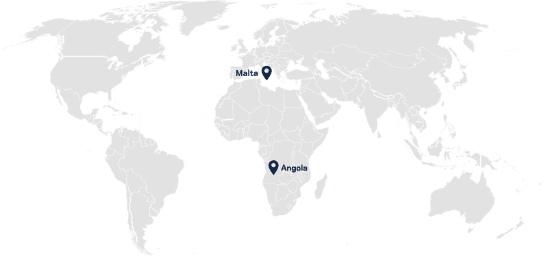 World map highlighting the locations of Malta and Angola.