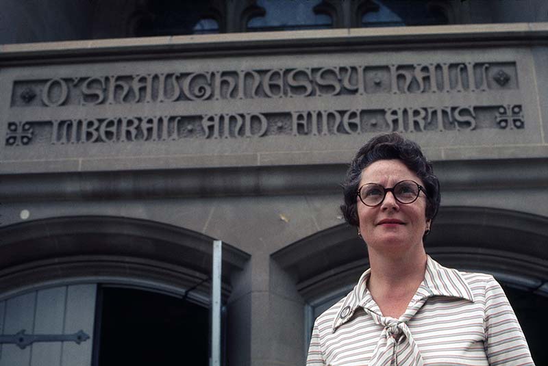 Sr. Isabel Charles outside of O’Shaughnessy Hall, 1976.