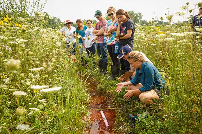 Students gather around an experiment at a streat at ND-LEEF.