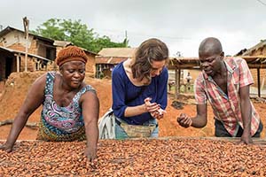 Three people look at drying cocao beans on a table.