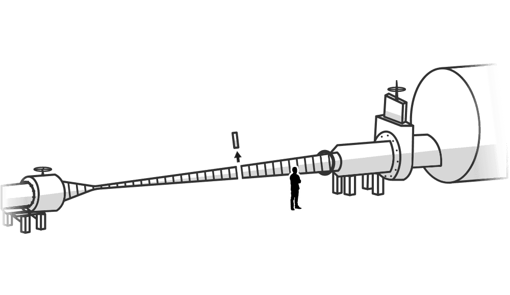 The Mach 6 wind tunnel with a cross-section of the nozzle pulled out.