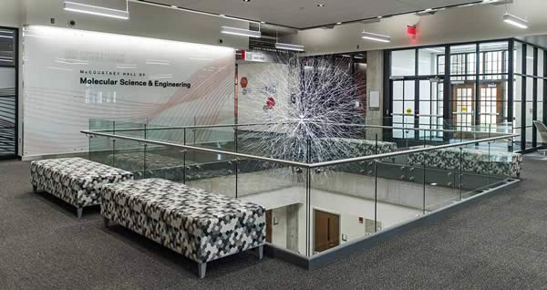 Sculpture by Bill Smith on display in the lobby of McCourtney Hall, Notre Dame's new science and engineering research facility.