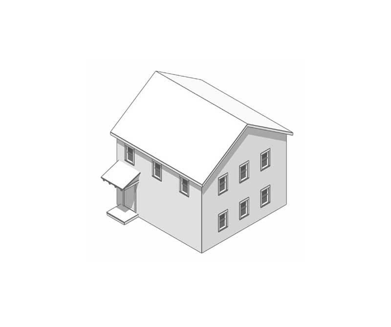 A perspective drawing of a smaller two-story home.