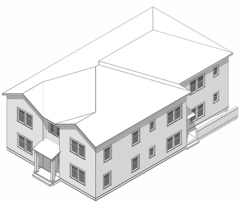 A perspective drawing of a two-story apartment building..