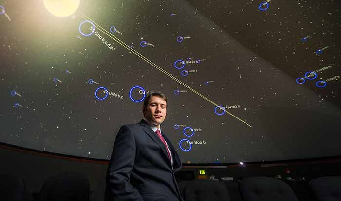 Justin Crepp, Assistant Professor of Physics, in the Digital Visualization Theater in Jordan Hall of Science at the University of Notre Dame
