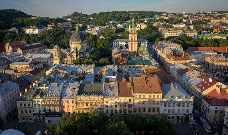 The city at sunset.