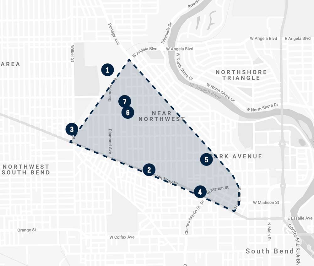 A map highlighting the Near Northwest Neighborhood in South Bend - pointing out certain stores that accept SNAP payments and places that offer free food.