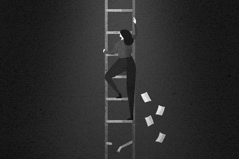An illustration of a woman climbing up a ladder out of a hole. Papers are falling beneath her.
