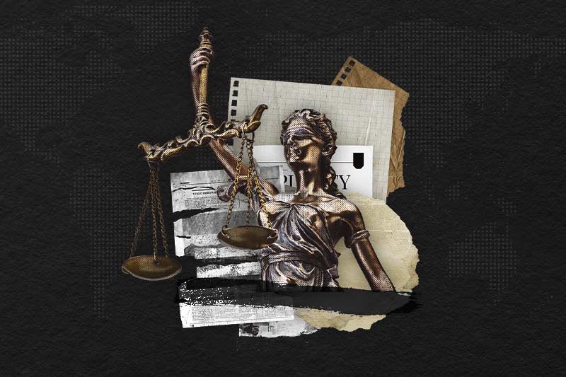 A graphical collage of Lady Justice layered on top of newspaper cuttings and other pieces of paper.