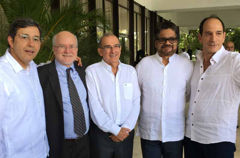 Havana, Cuba. December 15, 2015 immediately following the public ceremony announcing the justice agreement. From left to right are: Manuel Jose Cepeda, Prof. Doug Cassel, Humberto de la Calle, Comandante Ivan Marquez, and Juan Carlos Henao