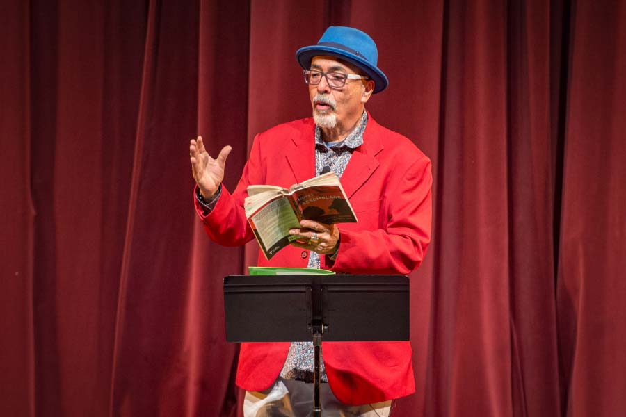 Juan Felipe Herrera gives a reading of his poetry in the Decio Theater at the DeBartolo Performing Arts Center.