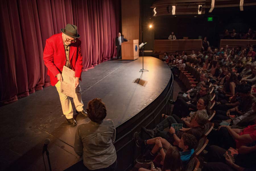 Juan Felipe Herrera takes questions from the audience following a reading of his poetry in the Decio Theater at the DeBartolo Performing Arts Center.