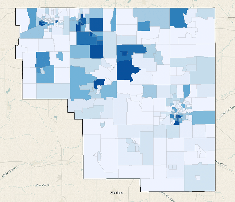 County map of Northeastern Indiana showing densly populated areas of spanish speaking communities around Fort Wayne area.