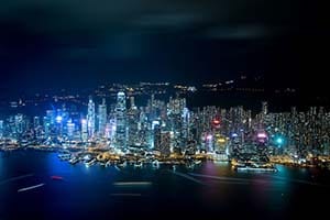 Cityscape of Hong Kong at night.