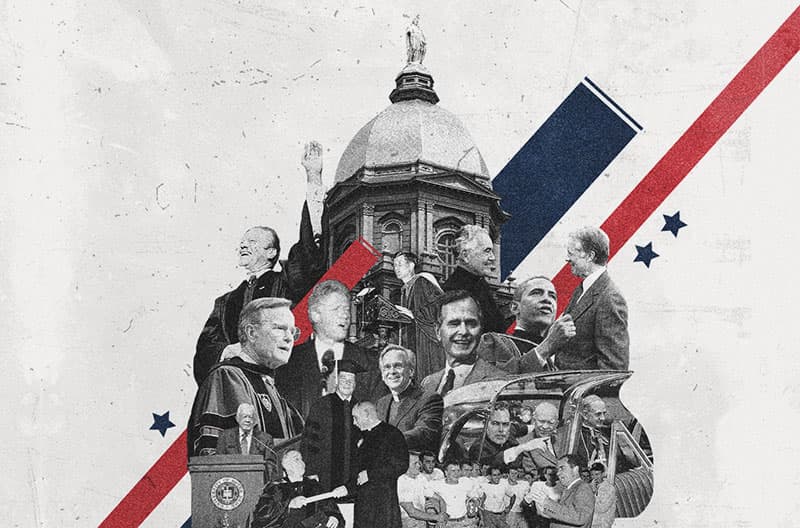 A black and white collage including American presidents, University presidents, surround Notre Dame's golden dome. There are two red stripes and one blue stripe with three stars in the background.
