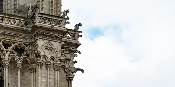 The side of the south tower of the Cathedral of Notre-Dame de Paris showing intricate details, gargoyles, and other french gothic features.
